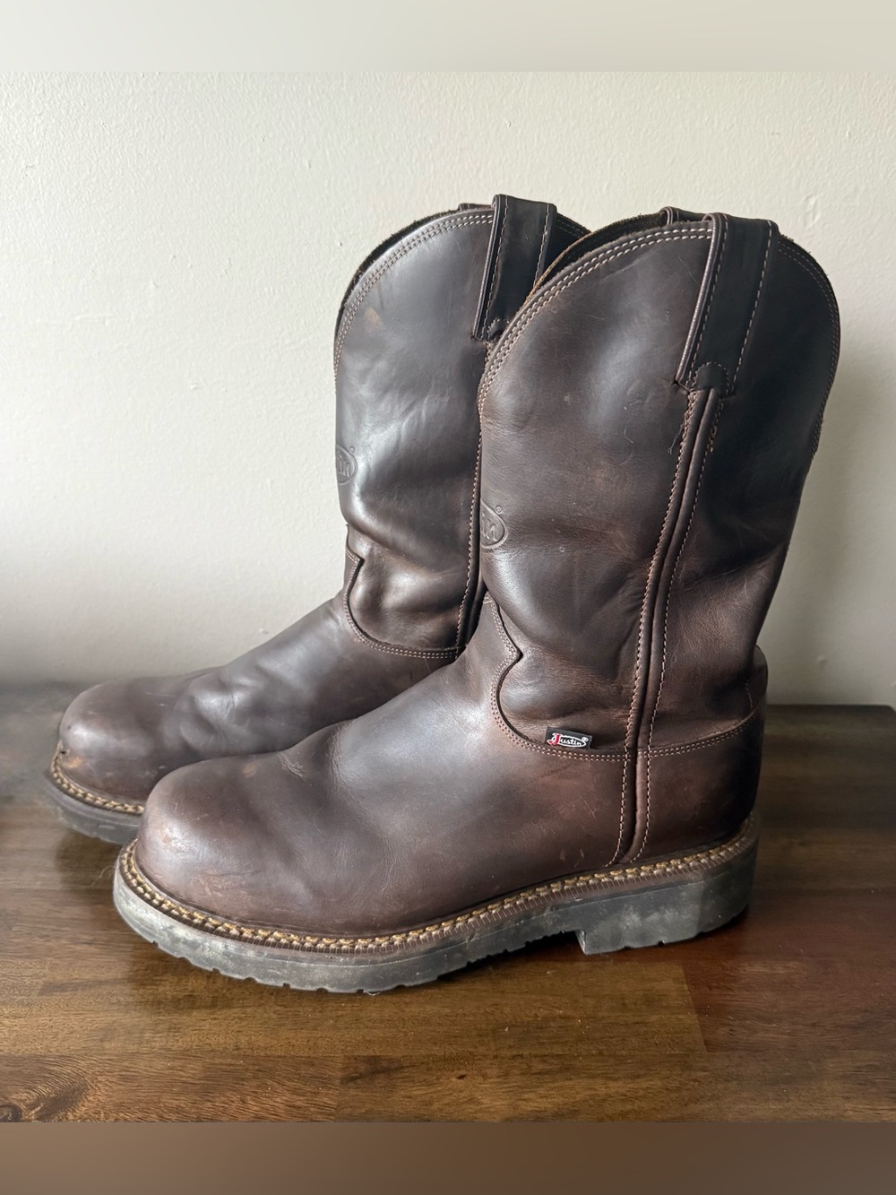 Justin Balusters Dark Brown Cowhide 11" Round Steel Toe Boots US Men's 9.5 EE